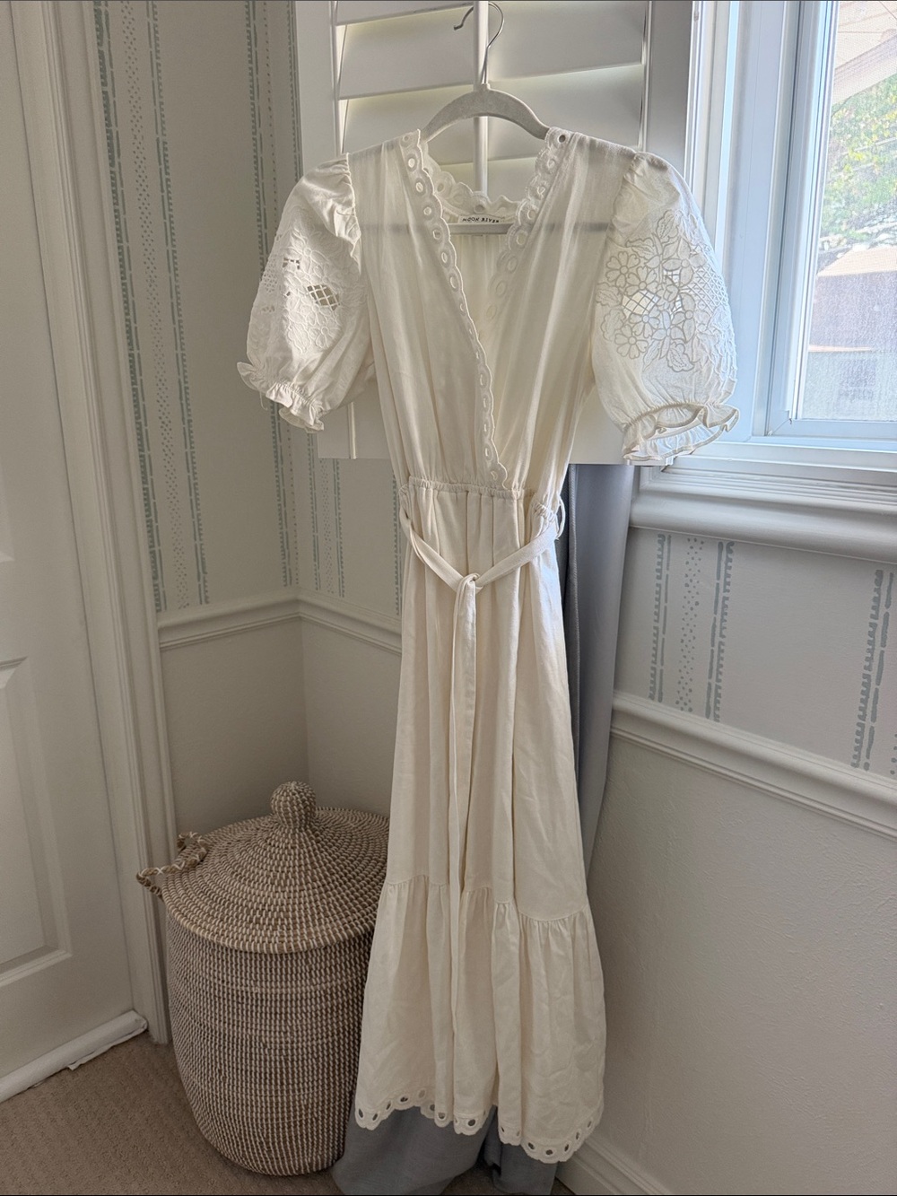 Moon River Ivory Eyelet Maxi Dress with Puff Sleeve